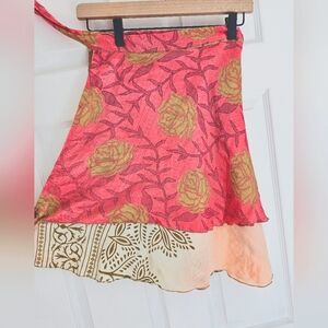 Sari Wrap Skirt, silk recycled, mini regular one size fits most 4-12, pink/cream